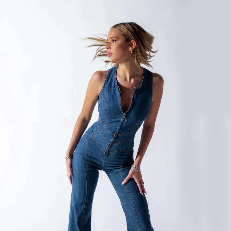 Combinaison dos nu en denim rétro taille haute - Look vintage tendance