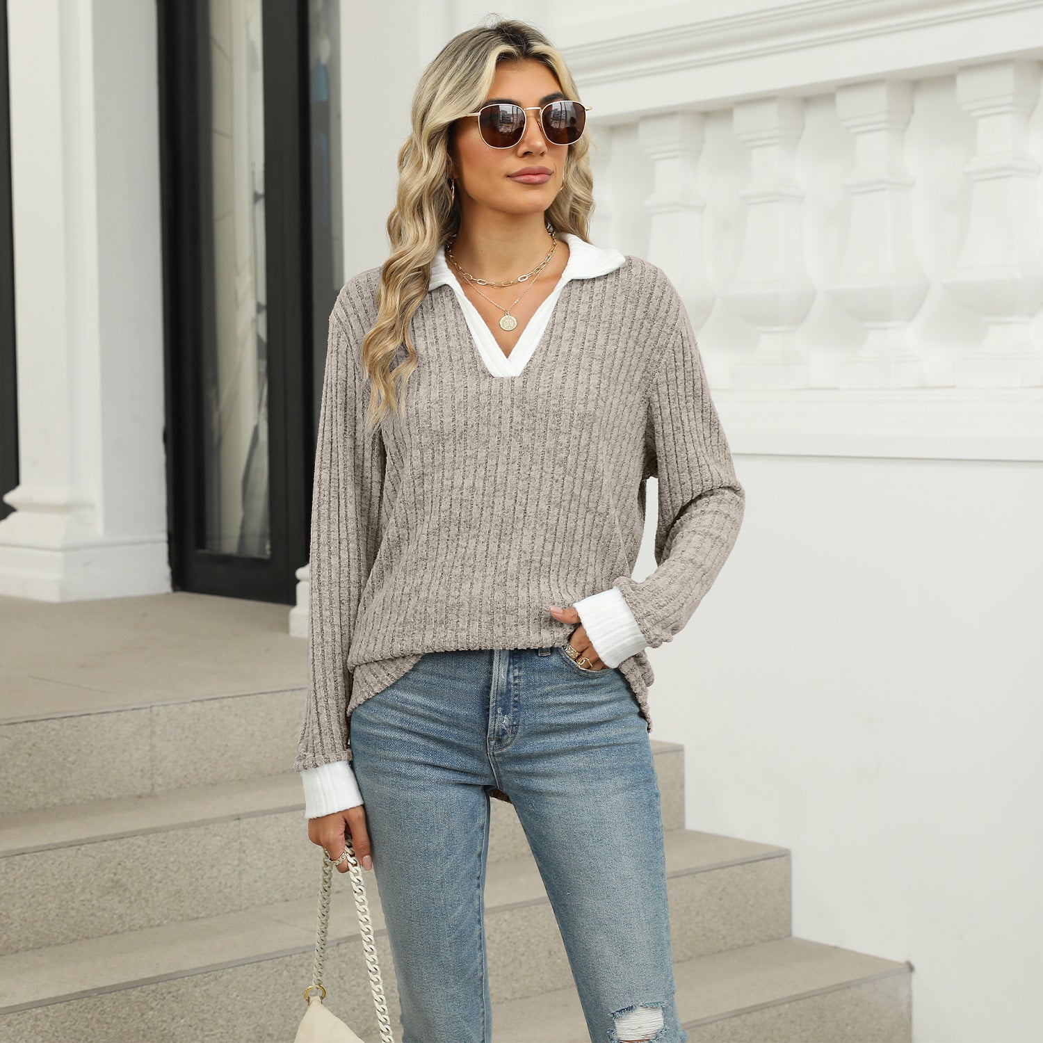 T-shirt à manches longues et amples à revers Haut pour femmes