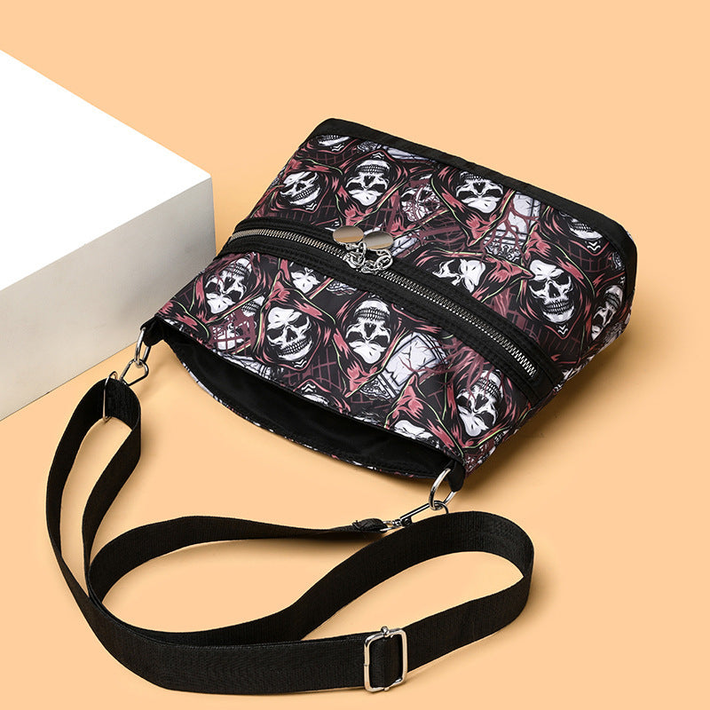 Sac Bandoulière Femme Imperméable Grande Capacité avec Motif Crâne Halloween – Fermeture Éclair, Style Messenger