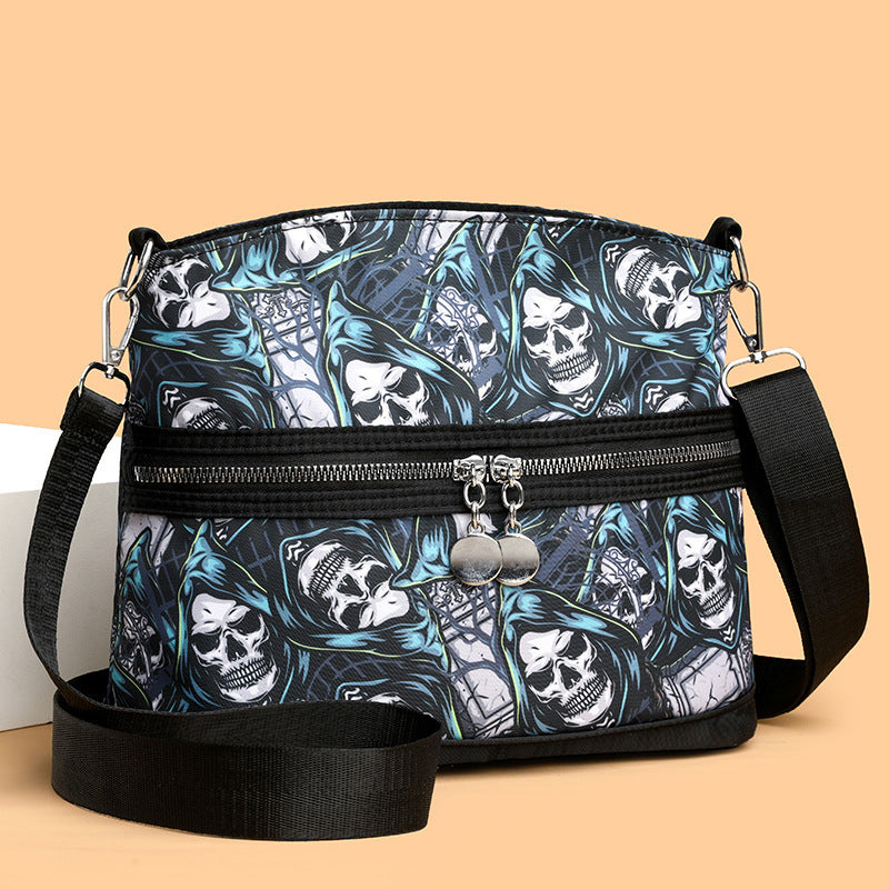 Sac Bandoulière Femme Imperméable Grande Capacité avec Motif Crâne Halloween – Fermeture Éclair, Style Messenger