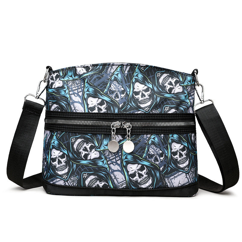 Sac Bandoulière Femme Imperméable Grande Capacité avec Motif Crâne Halloween – Fermeture Éclair, Style Messenger